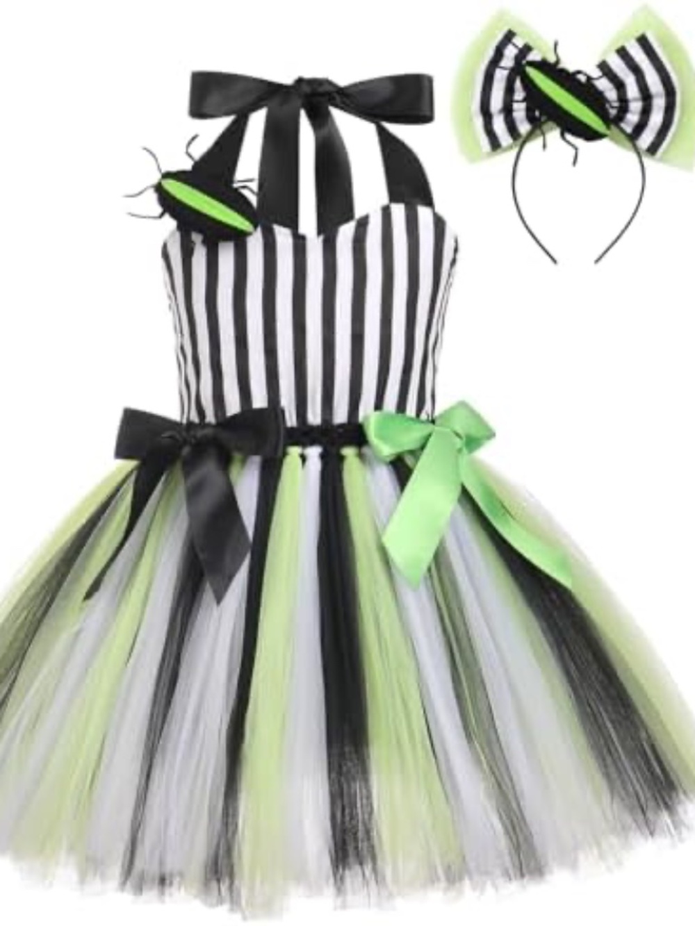 NWT Girls 9-10 Beetlejuice Inspired Tutu Halloween Costume Dress Headband